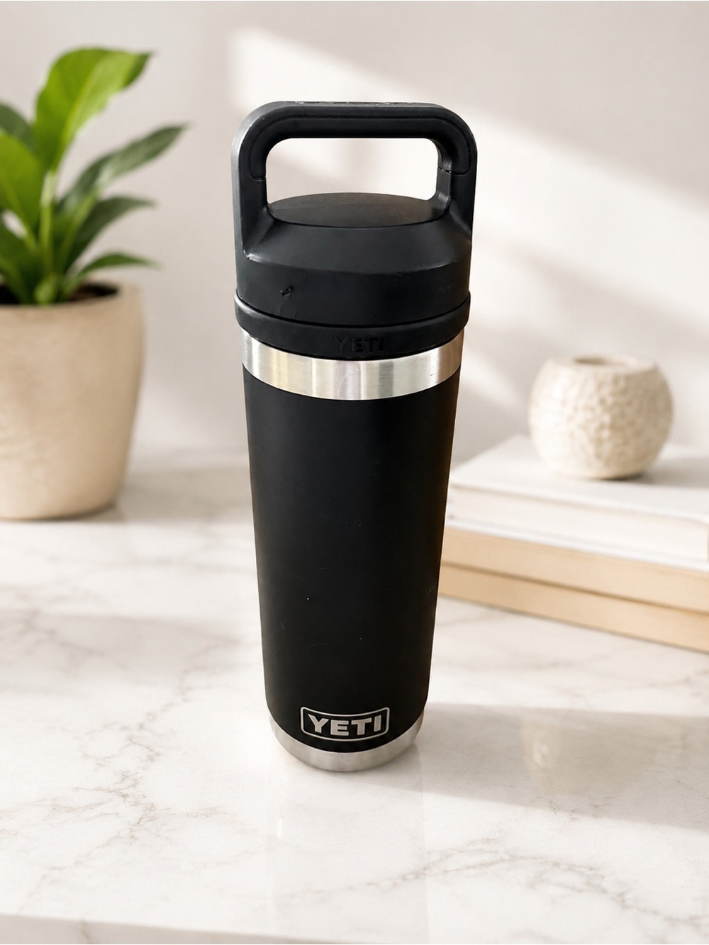 Yeti Black Travel Bottle with Stainless Trim and Handle